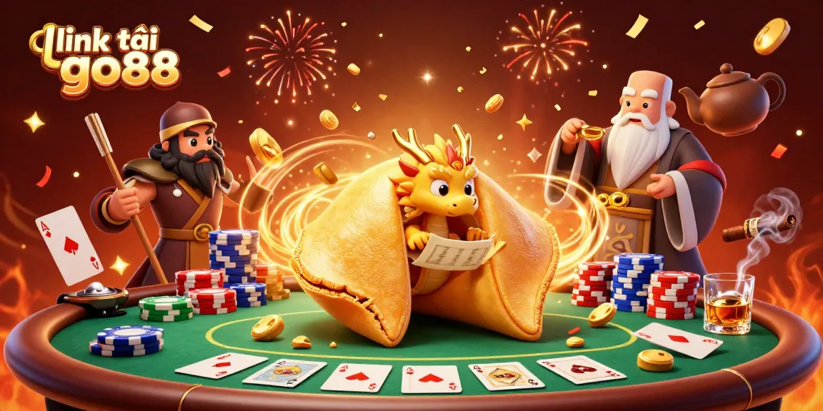 Experience play with link tải go88 featuring a golden fortune cookie and poker elements in an engaging casino scene.