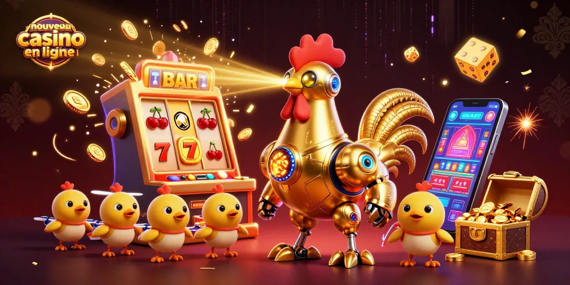 Illustration d'un nouveau casino en ligne avec un robot en or et des éléments de jeux animés.