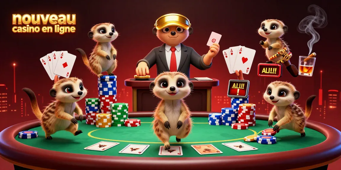 Nouveau casino en ligne animé par une colonie de suricates avec tables de poker et jetons colorés.