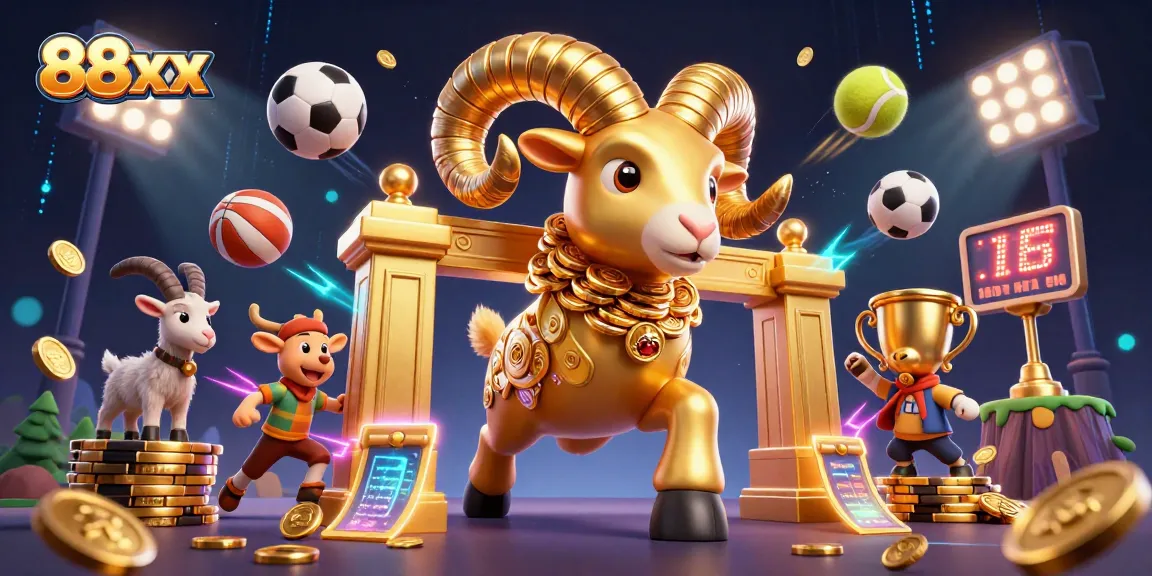 Engage with thrilling sports betting action in 88xx with dynamic illustrations featuring a golden ram, sports balls, and glowing trophies.