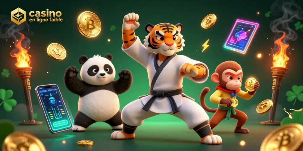 Plongez dans l'univers du casino en ligne fiable avec un tigre expert en arts martiaux et ses disciples, illustrant la richesse des jeux.