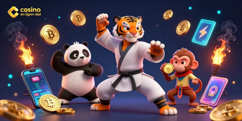 Découvrez le casino en ligne argent réel avec un tigre kung-fu et un panda dans une scène dynamique de jeux.