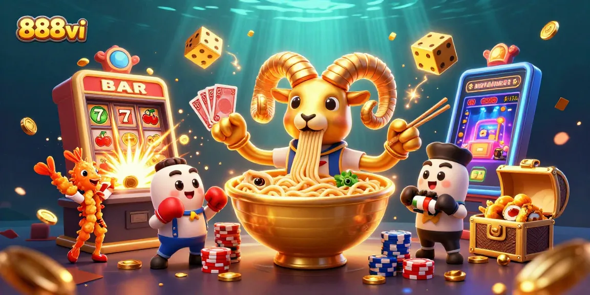 Experience the thrill at 888vi with the giant ramen bowl dealer amidst a vibrant casino scene.