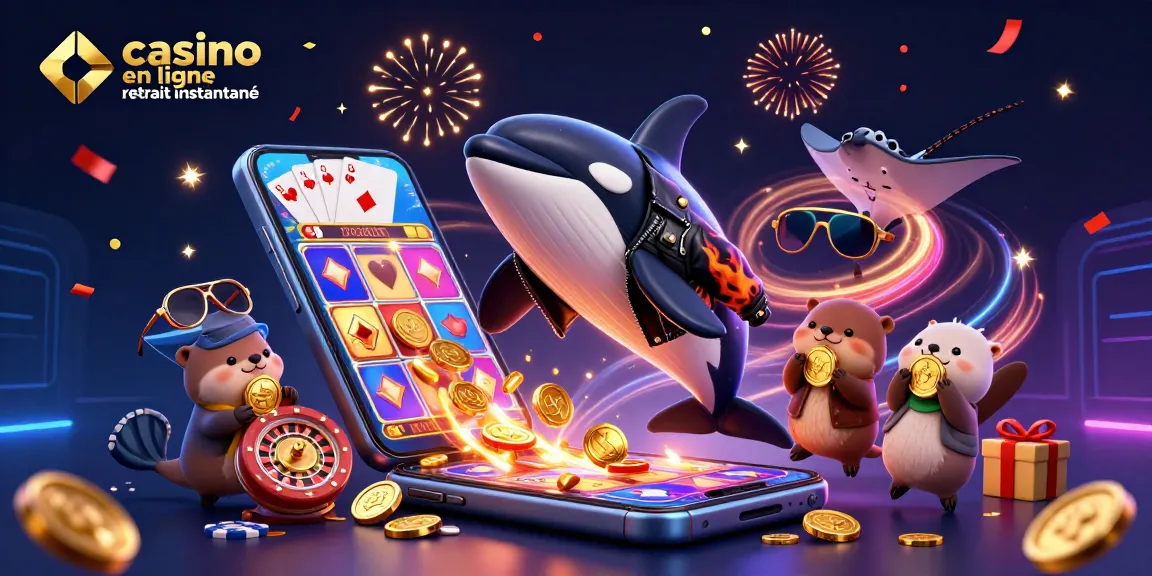 Jouer sur un casino en ligne retrait instantané, avec une illustration ludique d'animaux marins et des éléments de jeu.