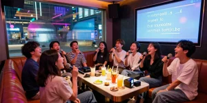 Group of friends enjoying 강남가라오케 in a vibrant karaoke room with neon lights and drinks.