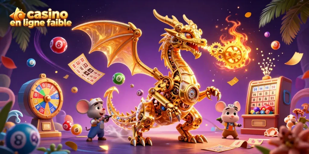 Jouer sur casino en ligne fiable avec un dragon et des éléments de loterie colorés et dynamiques.