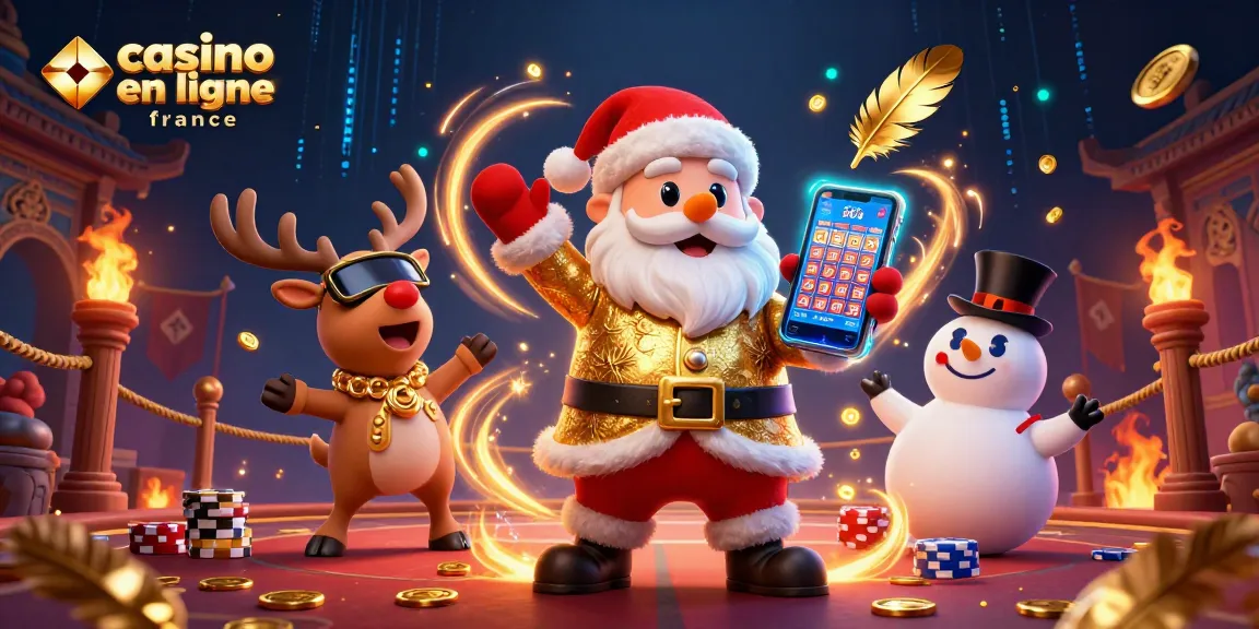 Jouez au casino en ligne france avec le Père Noël, un renne et un bonhomme de neige, entourés de magie.