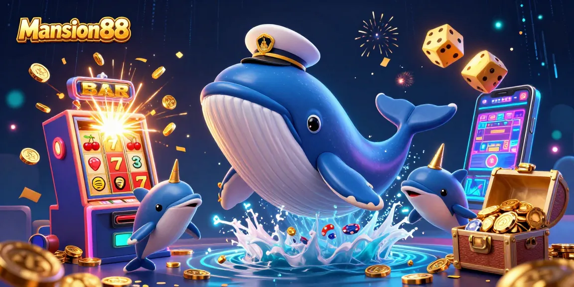 Mansion88 showcases a vibrant scene of a cartoon whale and dolphins celebrating a jackpot in a dynamic casino illustration.