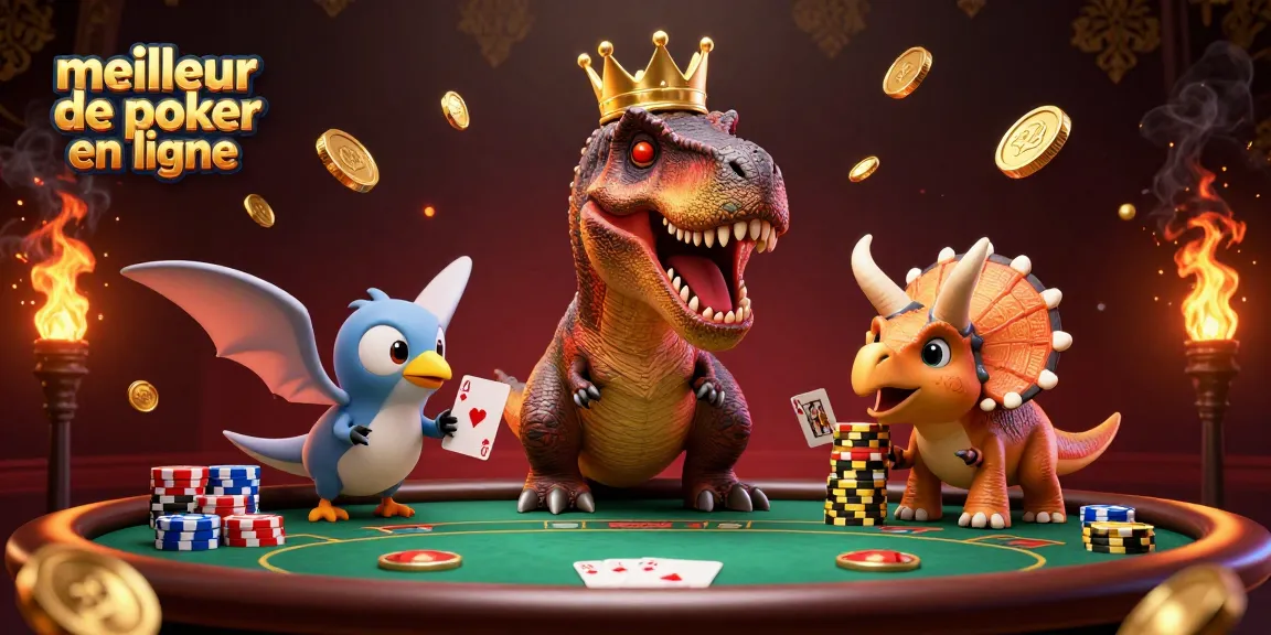 Découvrez le meilleur site de poker en ligne avec un T-Rex jouant aux cartes et un triceratops empilant des jetons en or.