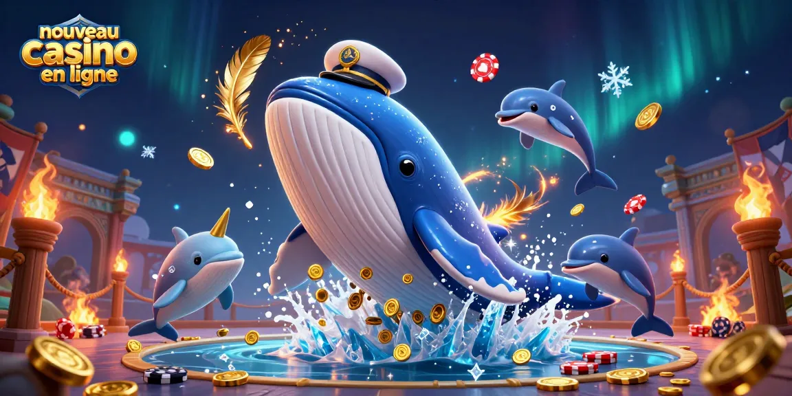 Découvrez le nouveau casino en ligne à travers une illustration captivante avec une baleine géante parmi des pièces d'or.