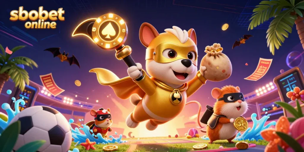 Experience sbobet online excitement with a superhero dog and hamster amid a vibrant sports betting scene.