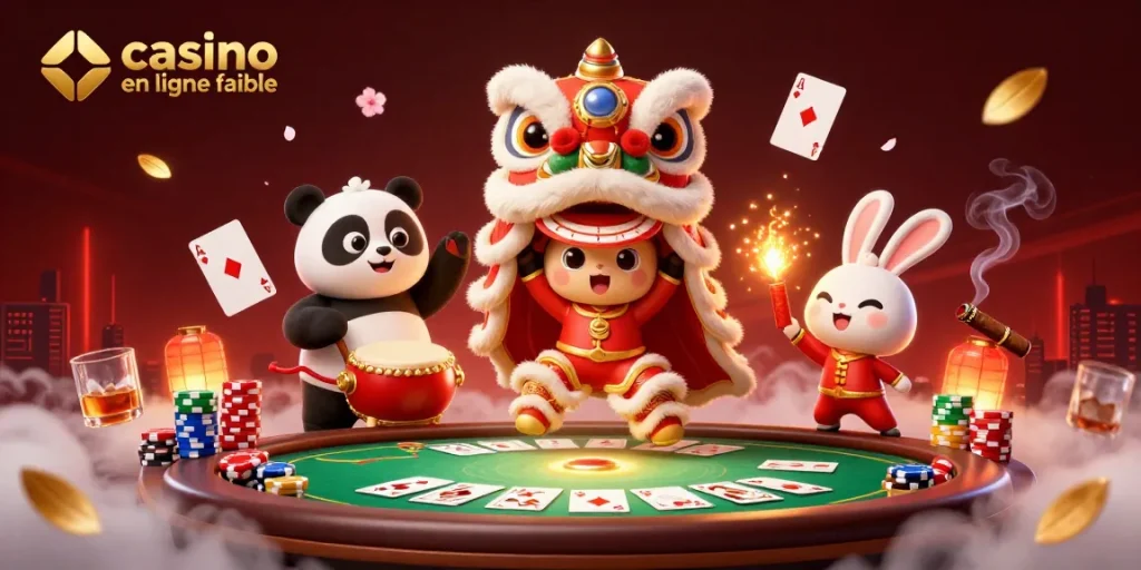 Actionner avec casino en ligne fiable, les personnages dansent entourés de jeux de cartes.