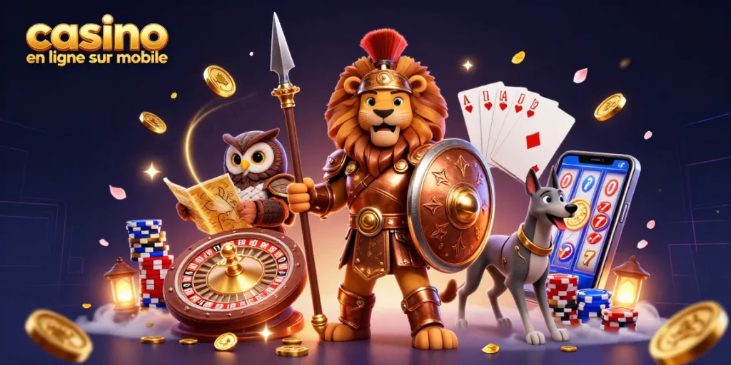 Illustration 3D dynamique d'un lion en armure et un smartphone montrant des jeux de casino en ligne sur mobile.