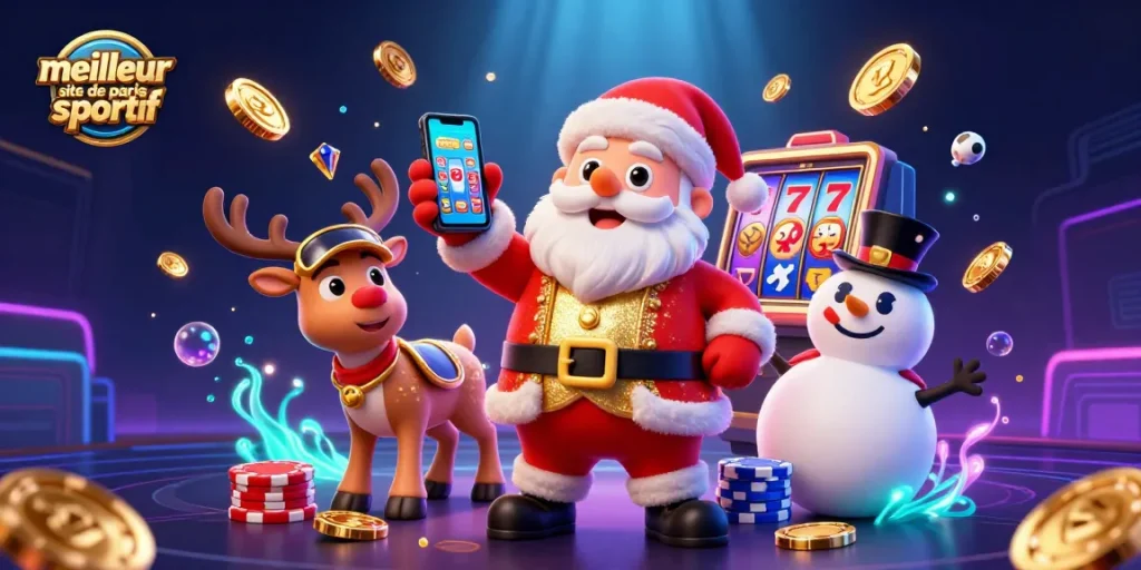 Explore le meilleur site de paris sportif avec un Santa 3D joyeux entouré de pièces d'or et de trophées.