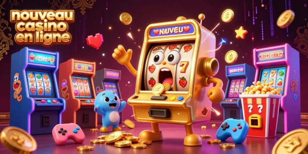Scène dynamique de casino avec un nouveau casino en ligne, machine à sous dorée gagnant un jackpot, accompagnée de machines à sous et popping de maïs.