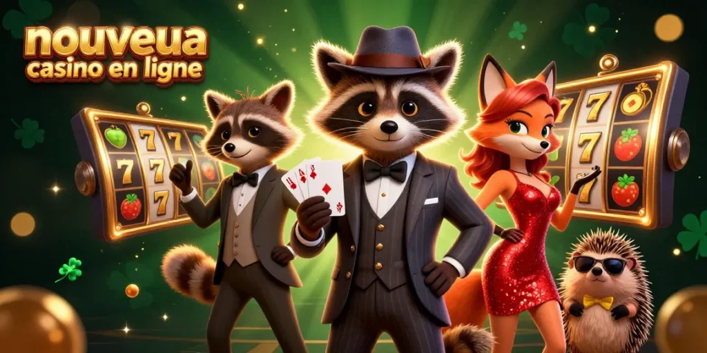 Découvrez le nouveau casino en ligne avec une illustration captivante de personnages animés et de machines à sous.