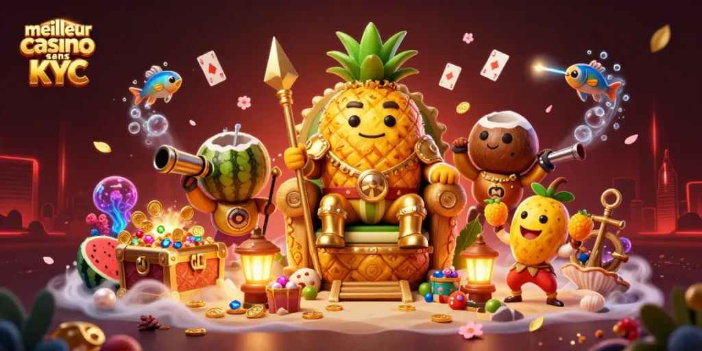 Visuel dynamique du meilleur casino sans KYC avec un roi ananas doré et une scène de jeu animée