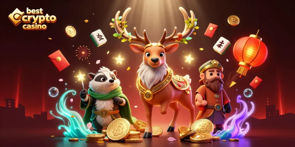 Jouez aux meilleurs casinos crypto avec l'illustration d'un cerf druidique et des éléments de la chance.