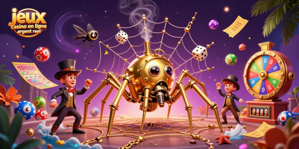 Jouez à des jeux de casino en ligne pour argent réel, avec une illustration d'une araignée steampunk dorée capturant des dés.