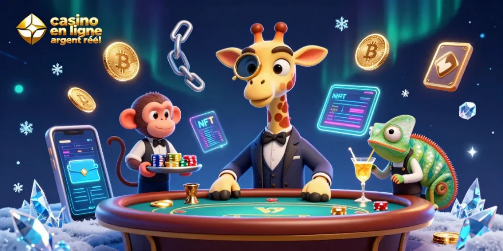 Profitez des jeux au casino en ligne argent réel grâce à cette illustration dynamique entourée de pièces de crypto et d'éléments de jeu.