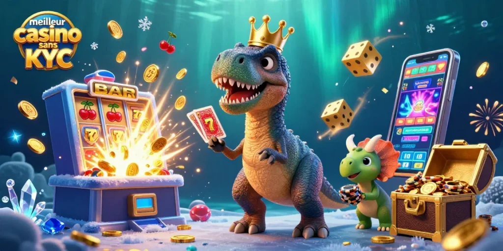 Profitez du meilleur casino sans KYC avec un T-Rex jouant aux cartes sous l'azur aquatique.