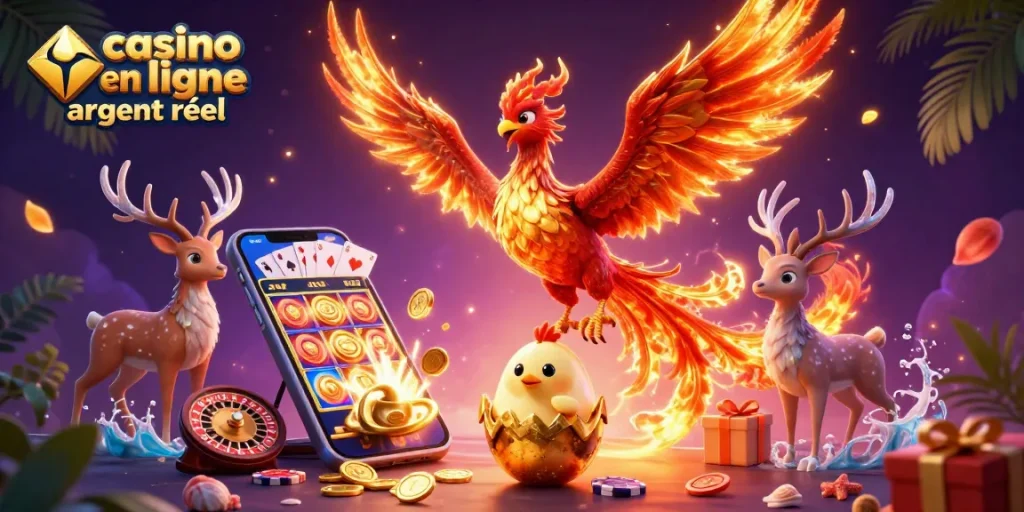 Gagnez en jouant sur un casino en ligne argent réel avec une illustration dynamique de personnages fantastiques et des jeux de hasard.