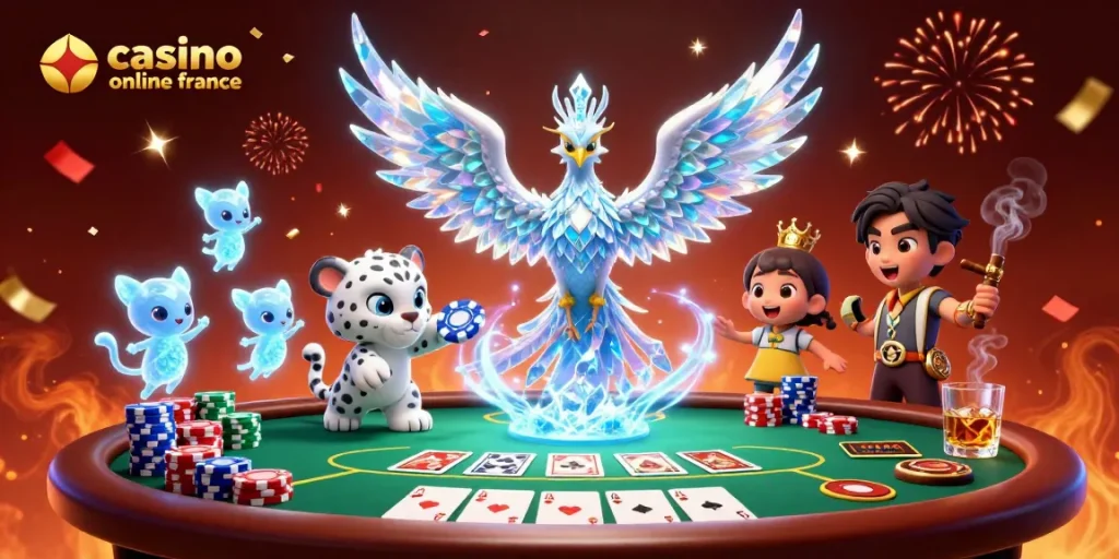 Le casino en ligne en France illumine les jeux de cartes avec une scène animée et festive de personnages fantastiques.