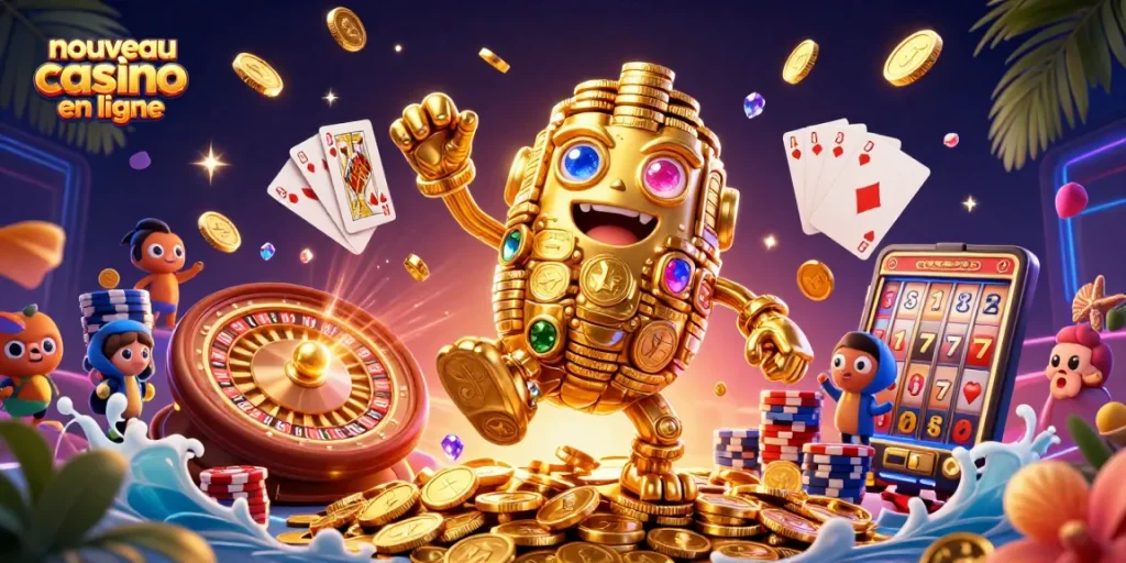 Vibrante illustration 3D d'un nouveau casino en ligne avec un golem en or et des éléments de jeu captivants.