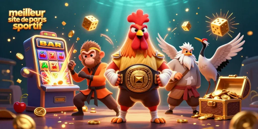 Plongez dans le meilleur site de paris sportif avec un coq Muay Thai, un singe Shaolin et un maître grue.