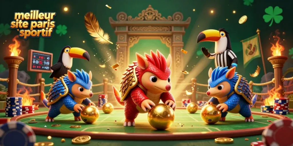 Image dynamique du meilleur site de paris sportif, pangolins colorés dans un jeu de paris emblématique, entourés d'effets visuels