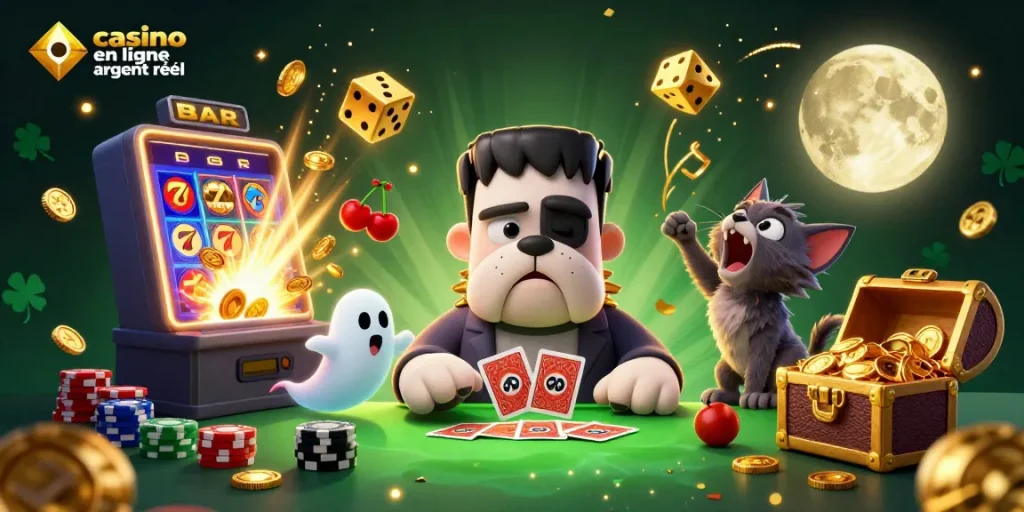Affrontez les défis du casino en ligne argent réel avec une illustration captivante et colorée.