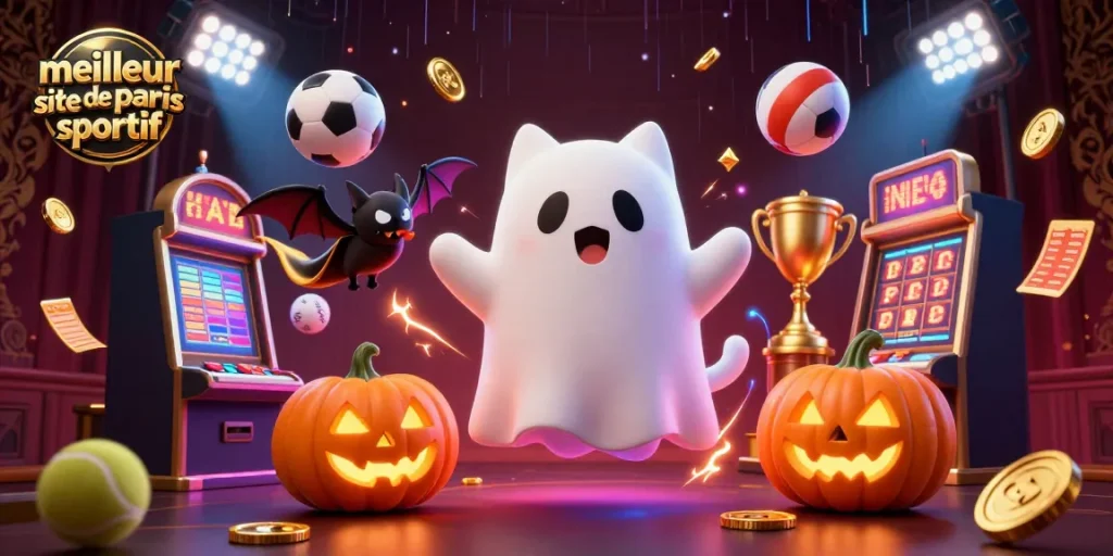 Gagnez sur le meilleur site de paris sportif avec une illustration d'un chat fantôme dans un casino hanté.