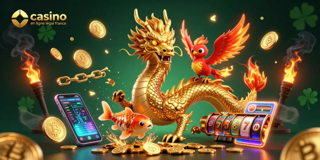 Jouez sur un casino en ligne légal France avec une illustration dynamique de dragon, phénix et poissons chanceux.