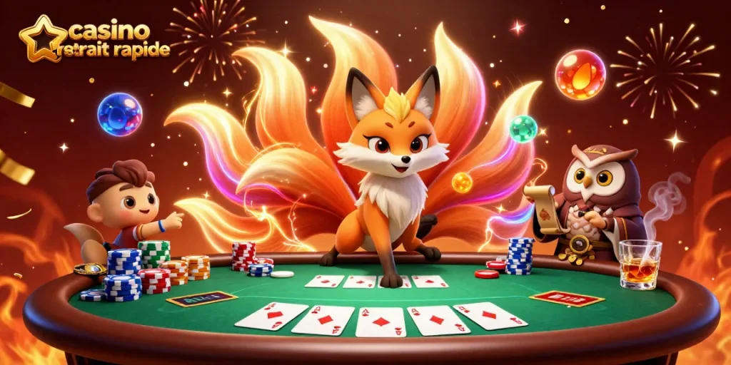 Lancez vos gains rapidement avec casino retrait rapide à travers une illustration dynamique de personnages et d'éléments de poker.