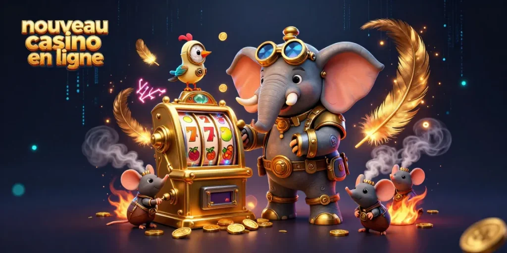 Faire tourner le nouveau casino en ligne avec des machines à sous dorées et des personnages animés.