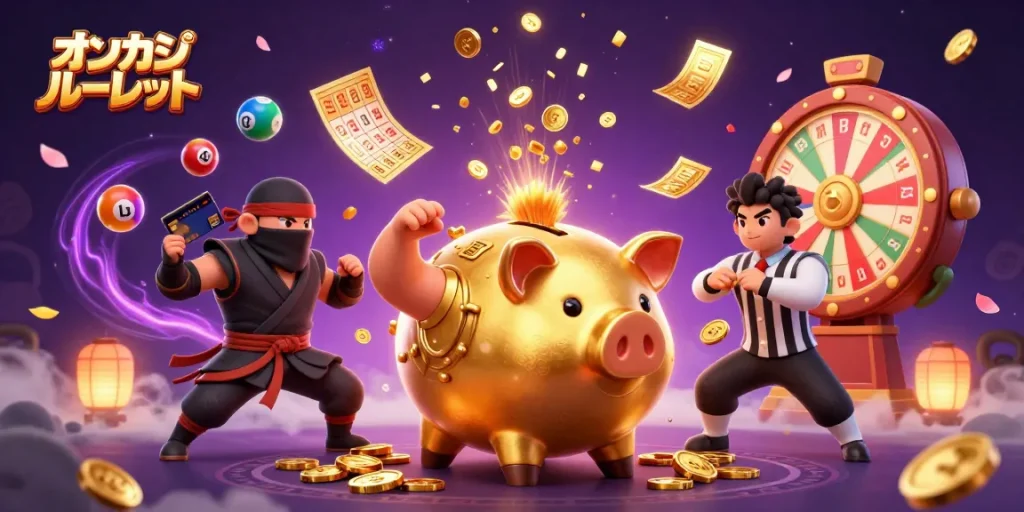 オンカジ ルーレットのダイナミックなシーンで、金色の貯金箱の相撲レスラーがコインを落としながら魅了しています。