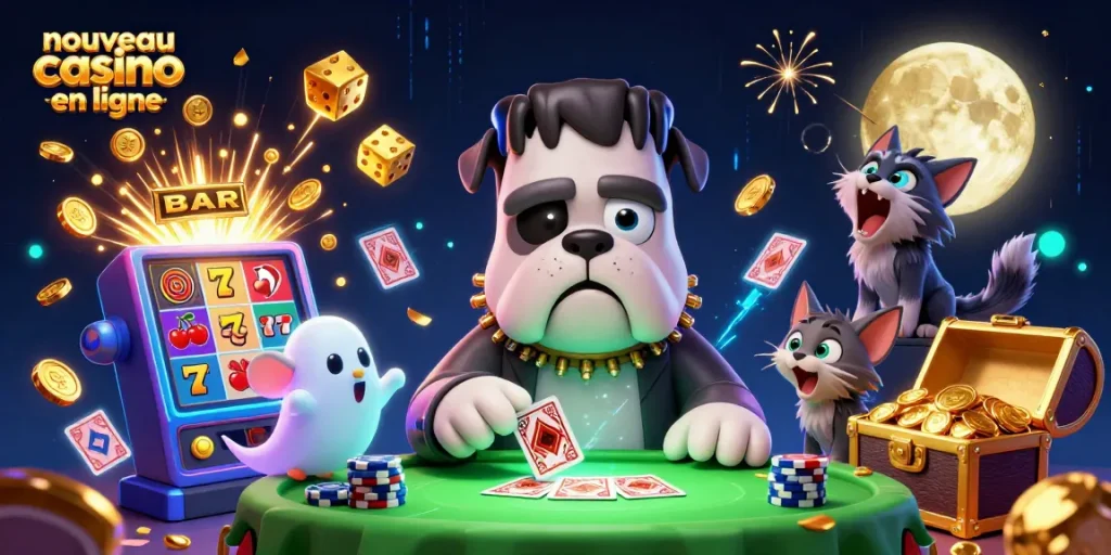Le nouveau casino en ligne met en scène un bulldog Frankenstein et une scène animée remplie de jeux et d'action.